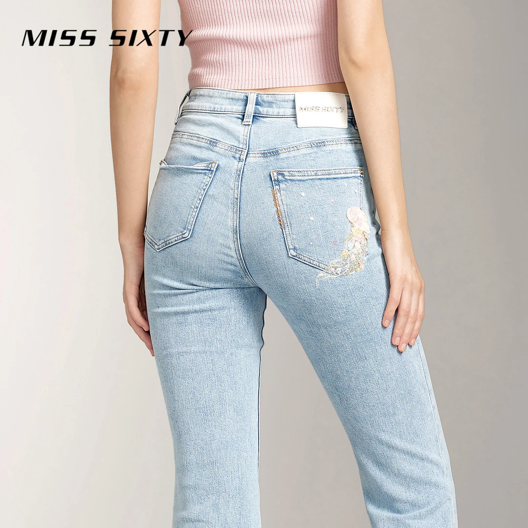 Miss Sixty牛仔裤女含桑蚕丝微喇裤复古刺绣丹宁风毛边牛仔裤显瘦