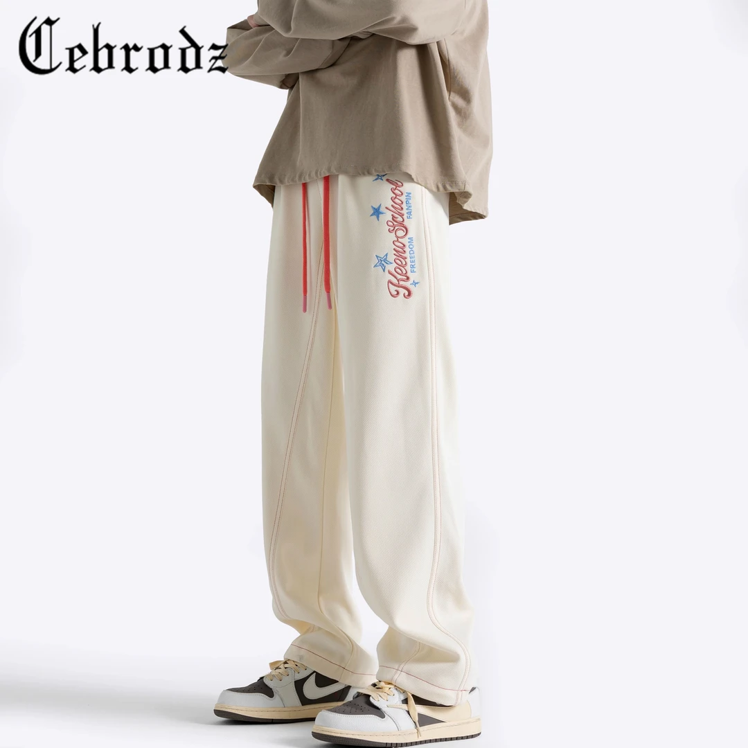 Cebrodz美式oversize刺绣裤子男秋季嘻哈潮牌冰丝高街微喇阔腿裤