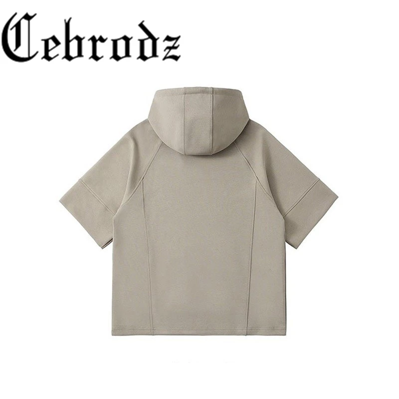 Cebrodz美式重磅针织连帽T恤男士秋季潮牌宽松速干运动短袖帽衫潮