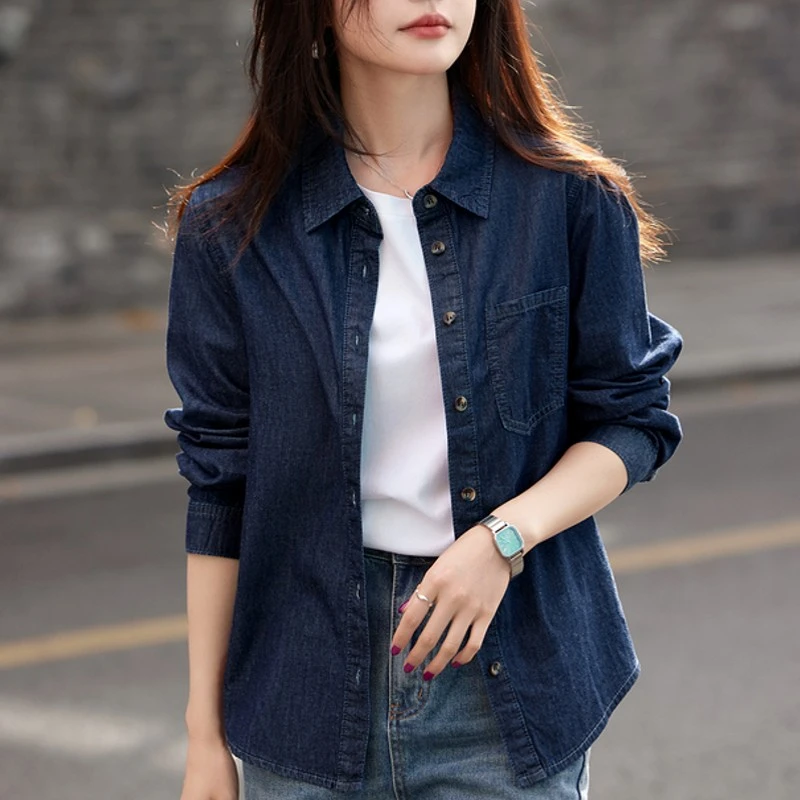 牛仔色衬衫女秋冬季内搭叠穿衬衣复古港味小个子宽松长袖上衣外套