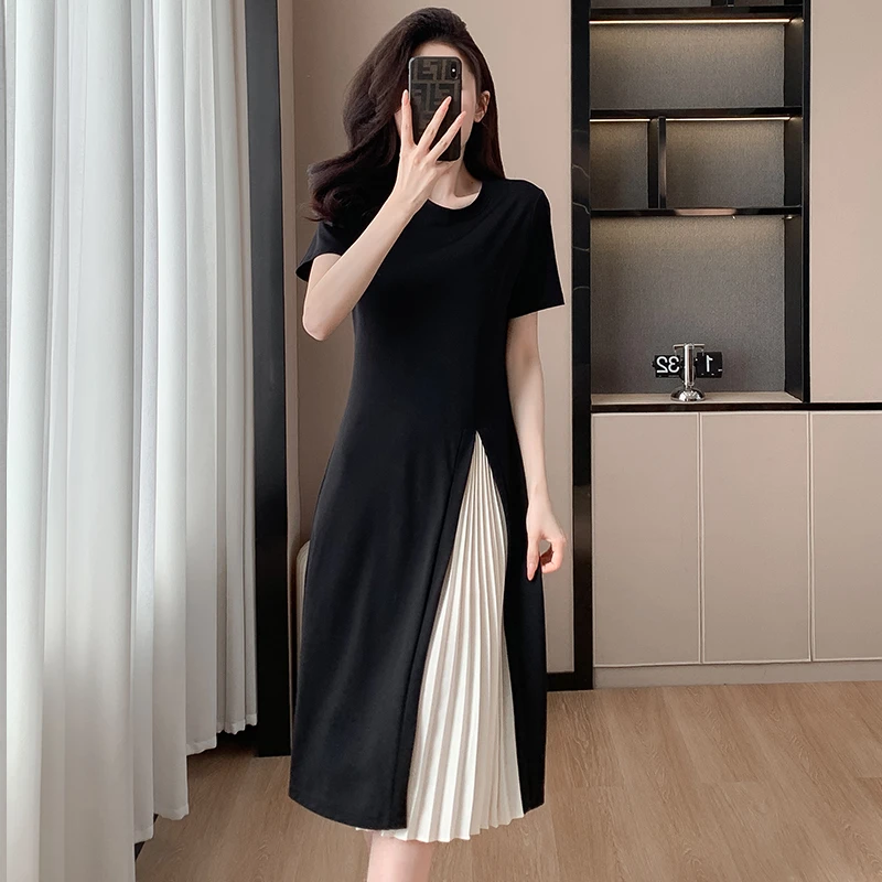 撞色连衣裙女夏季拼接设计感小众宽松遮肉显瘦大码中长款T恤裙子