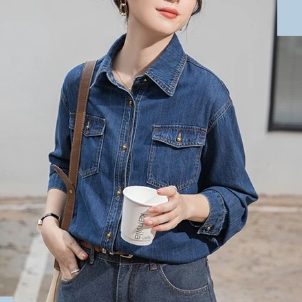 不卷边牛仔衬衫女叠穿设计感小众复古港味宽松长袖上衣显瘦外套