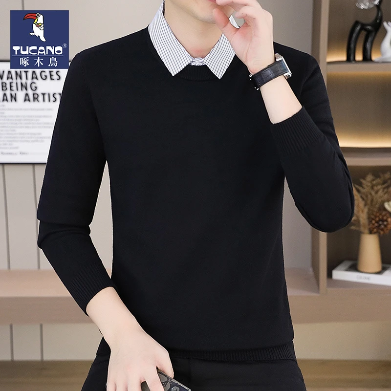 啄木鸟假两件毛衣男2025秋季新款衬衫领纯色男士商务休闲针织衫潮