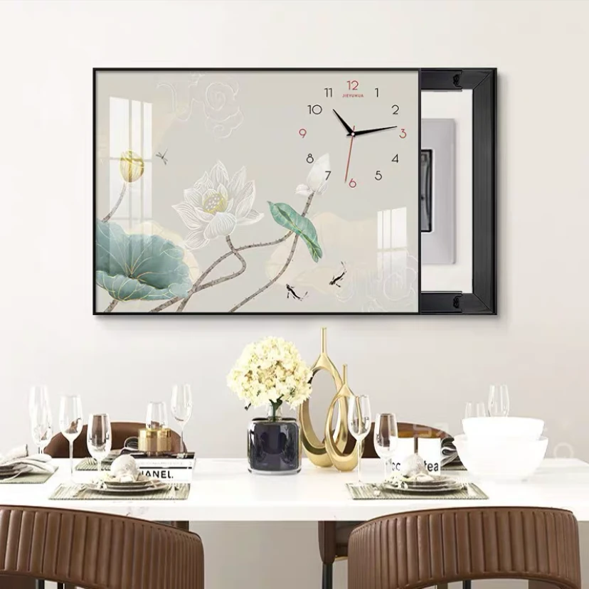 Z129号福利新中式电表箱装饰画轻奢高级感带钟表新款配电箱挂画