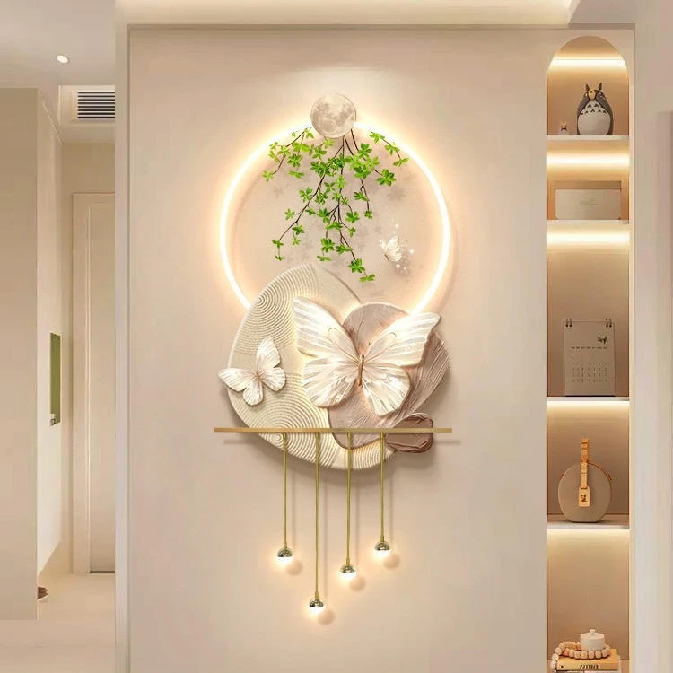 轻奢蝴蝶玄关装饰画走廊挂画无框晶瓷壁画客厅墙面发光艺术画PP画
