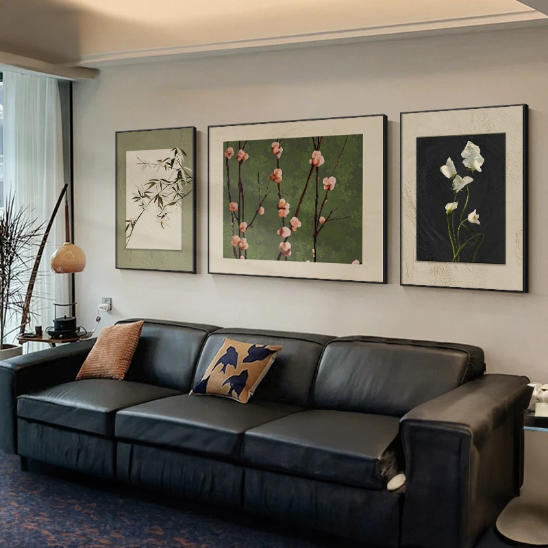 2024新款南洋风情复古三联装饰画客厅沙发背景墙画现代简约风格铝
