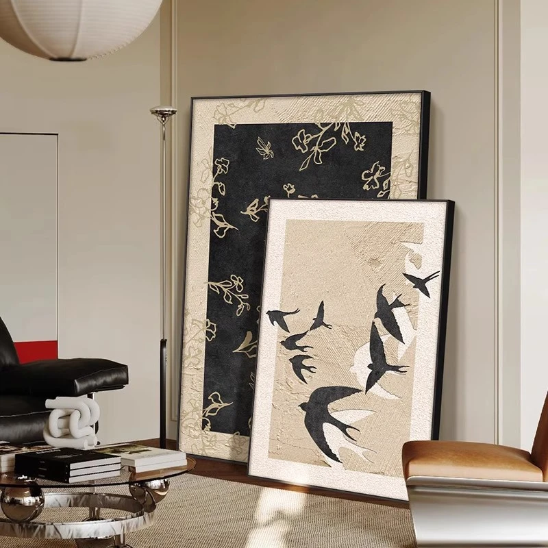 侘寂风复古油画客厅装饰画铝合金框沙发背景墙大幅挂画走廊玄关艺