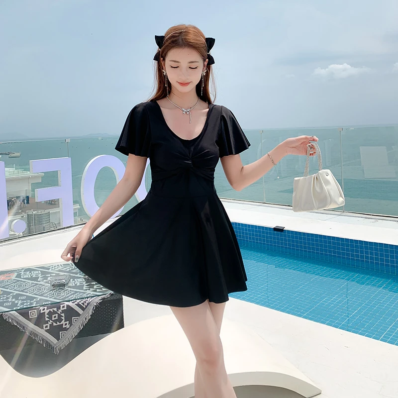 大码泳衣显瘦温泉游泳遮肚保守裙式黑色修身时尚平角分体两件套装