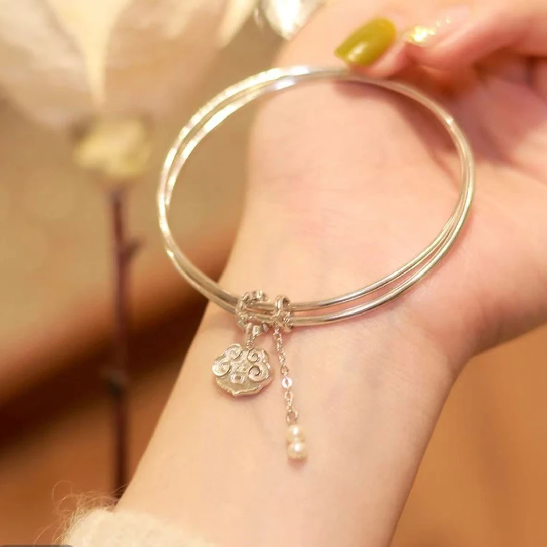 足银手镯 S13-双环祥云珍珠手镯如意平安锁轻奢时尚闭口送女友