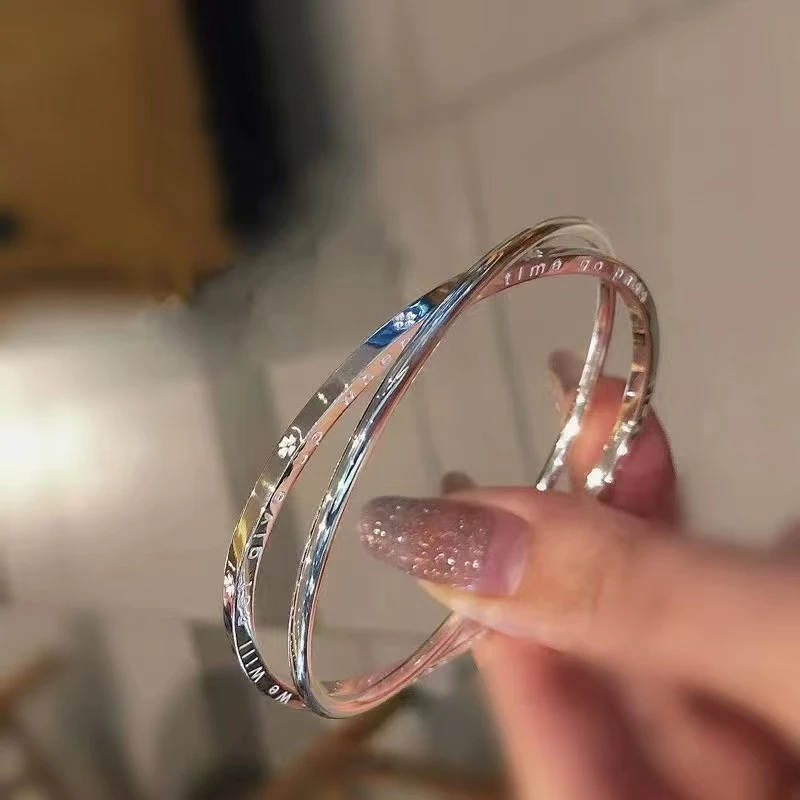 足银手镯 S7-双环四叶草手镯女时尚韩版实心闭口送闺蜜生日礼物