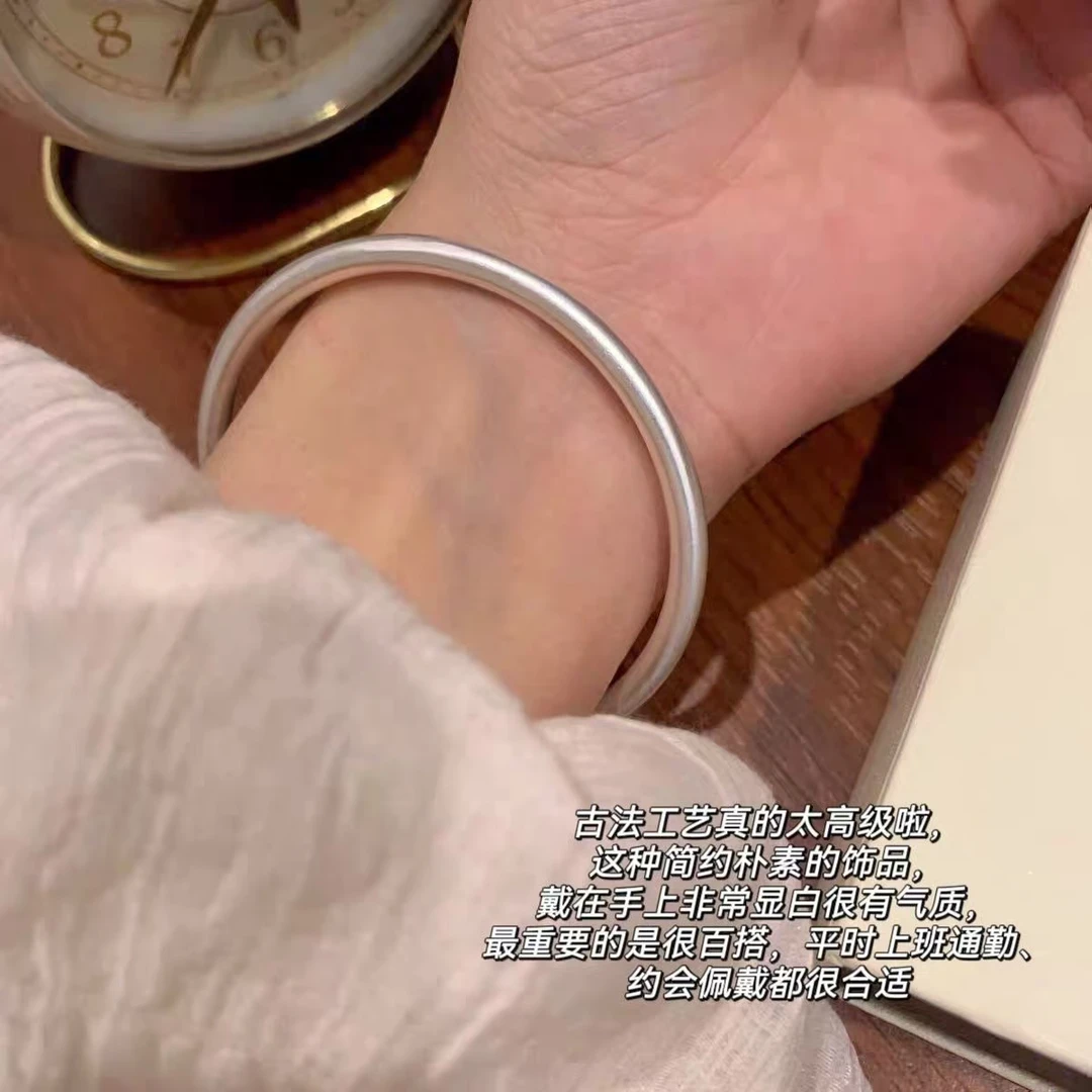 足银手镯 S50-古法传承素圈手镯哑光磨砂闭口手环年轻款实心镯子