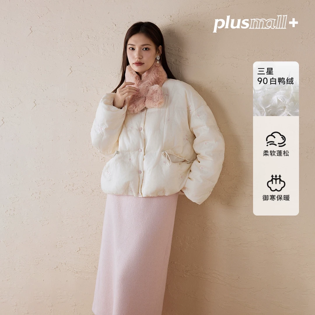 PLUSMALL 甜心酥酪 白鸭绒蕾丝时尚V领羽绒服PAC2410086