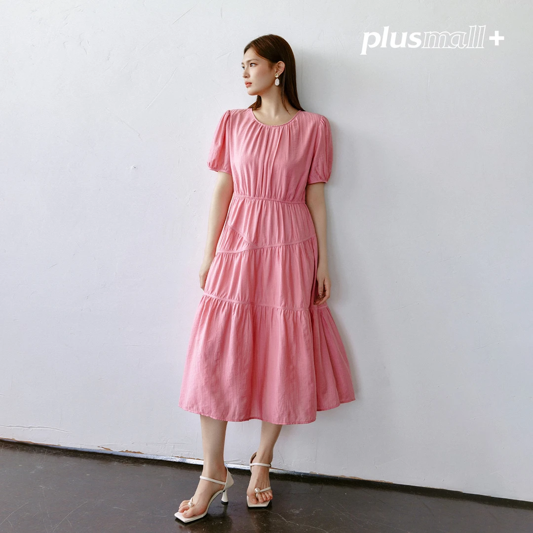 【返场】PLUSMALL 粉酪桃酥 梭织肌理分割小众设计圆领连衣裙