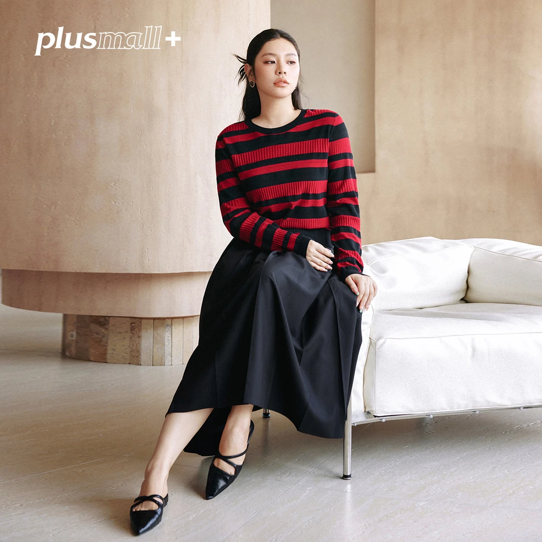【返场】PLUSMALL 假日情书 撞色条纹圆领套头毛衣上衣PAC2408041
