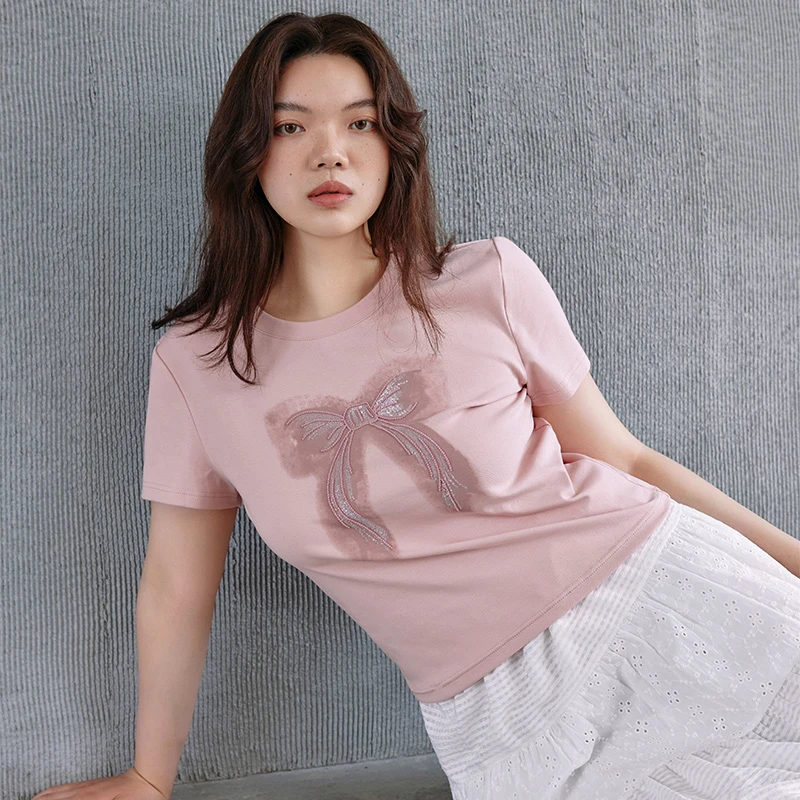 PLUSMALL 甜心桃乐丝 重工晕染拼接刺绣蝴蝶结正肩T恤PM2405109