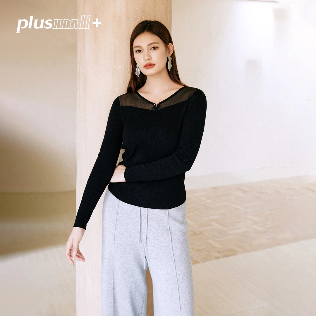 【折扣款】PLUSMALL 薄雾清晨 金属扣桃心领保暖打底衫PM2406098