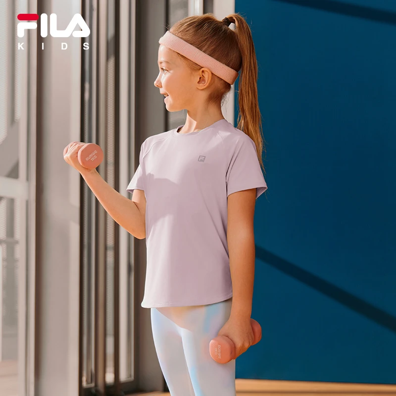 【休闲必备瑜伽服】FILA斐乐儿童时尚女大童清凉健身风短袖运动T恤