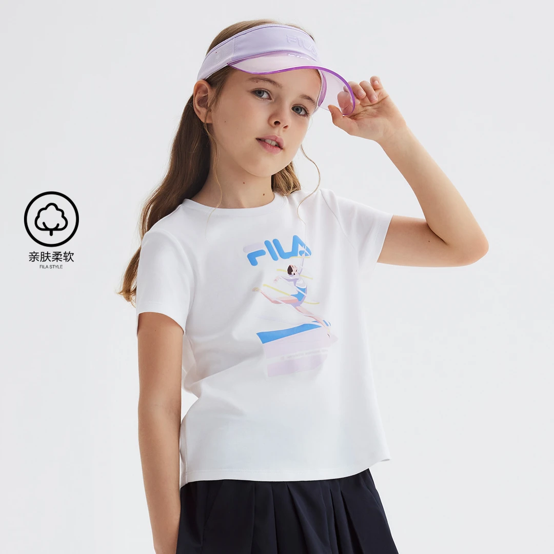 【大童宽松透气】FILA斐乐儿童夏季女大童白色纯棉百搭短袖t恤童装