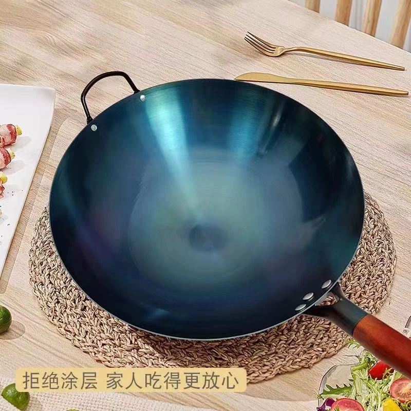 二代大铁锅单把铁锅家用商用锅无涂层不沾锅【圆底锅+锅盖+开锅】