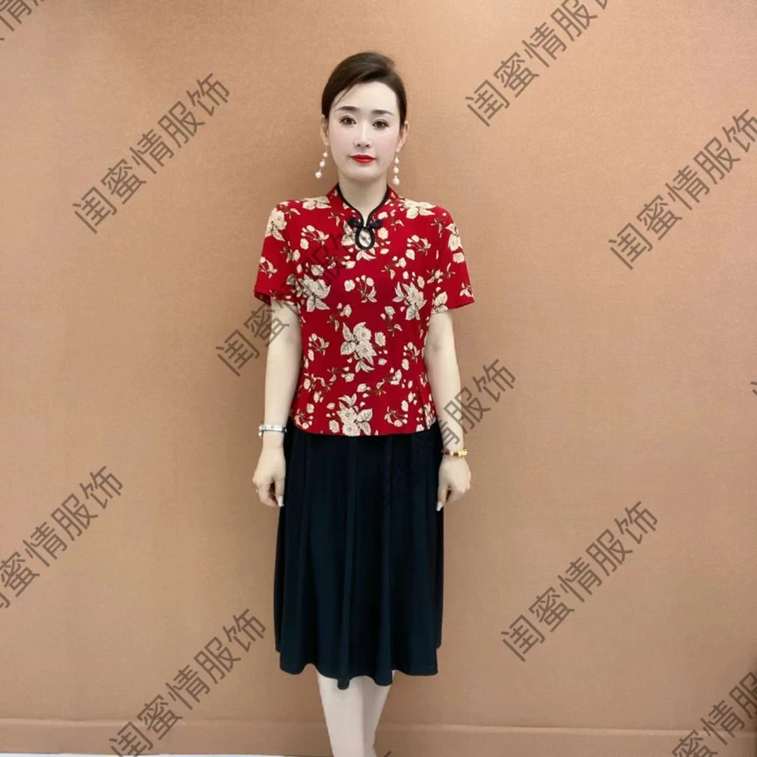 中老年妈妈装假两件连衣裙时尚洋气显瘦复古印花大码透气裙子