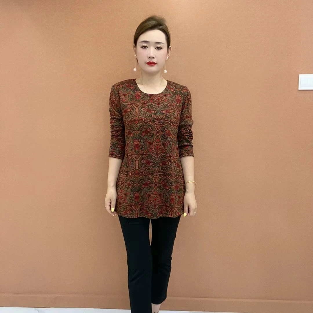秋季新款妈妈打底衫高弹力长款时尚印花中老年女装复古长袖上衣