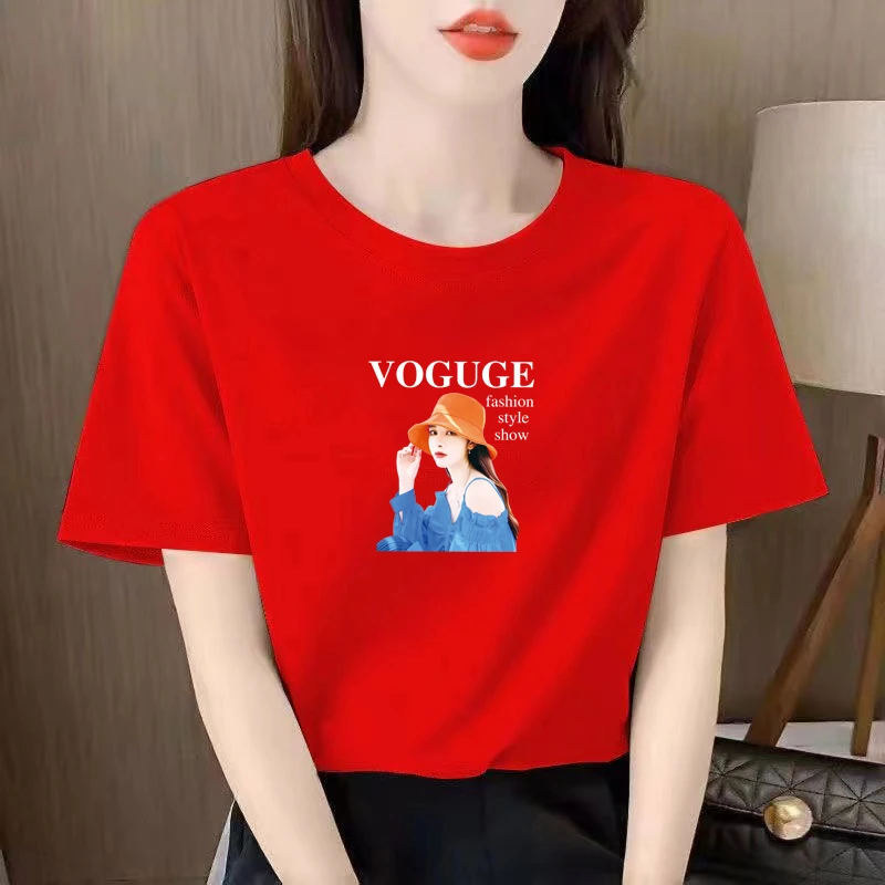 精梳棉大红色t恤女简约宽松休闲百搭短袖女学生韩版白色半袖上衣