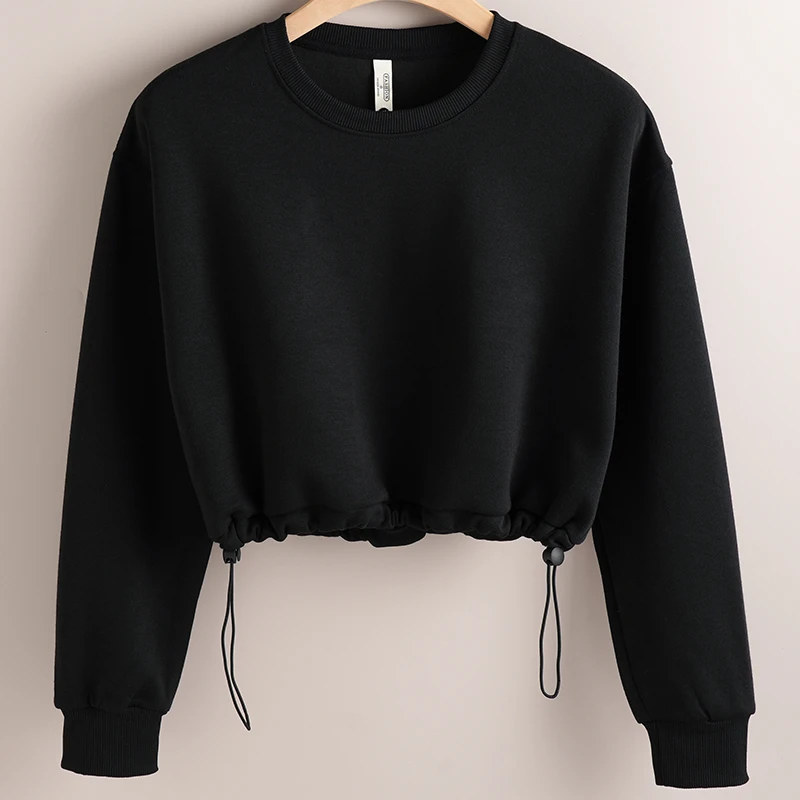 短款卫衣设计长袖2025新款抽绳韩版宽松圆领上衣收腰薄款外套爆款