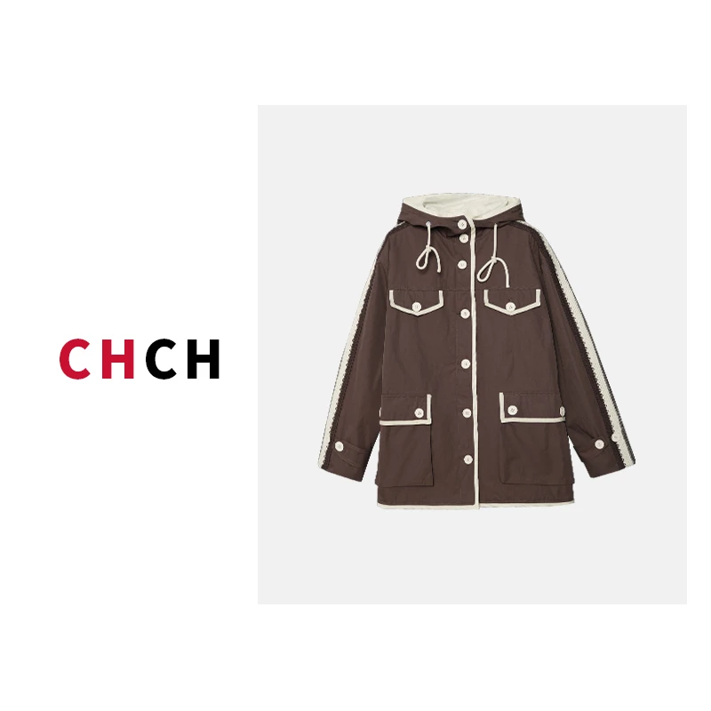 JY3WTD103257秋冬新款撞色时尚工装竖口袋百搭连帽短外套女