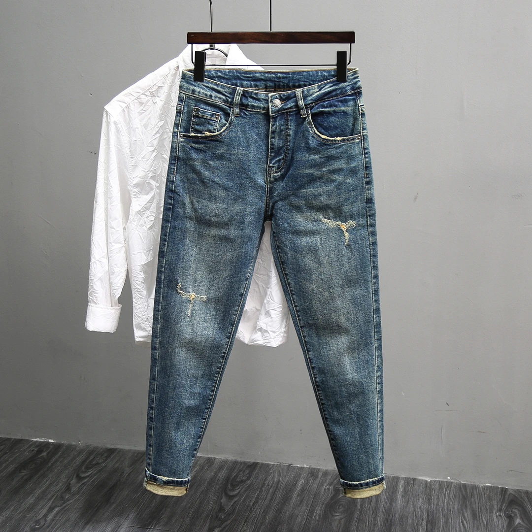 2025春秋季新款潮牌牛仔裤男修身小脚美式高街弹力做旧锥形长裤子