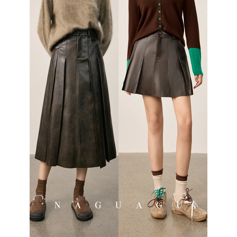 【古堡皮裙】定制环葆PU素皮 复古美拉德时髦挺括长短款百褶半裙