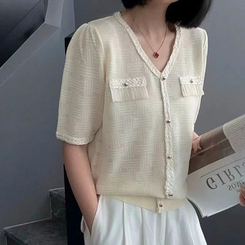 【夏季新品】2024新款女装针织衫短袖小香风上衣气质时尚百搭6002