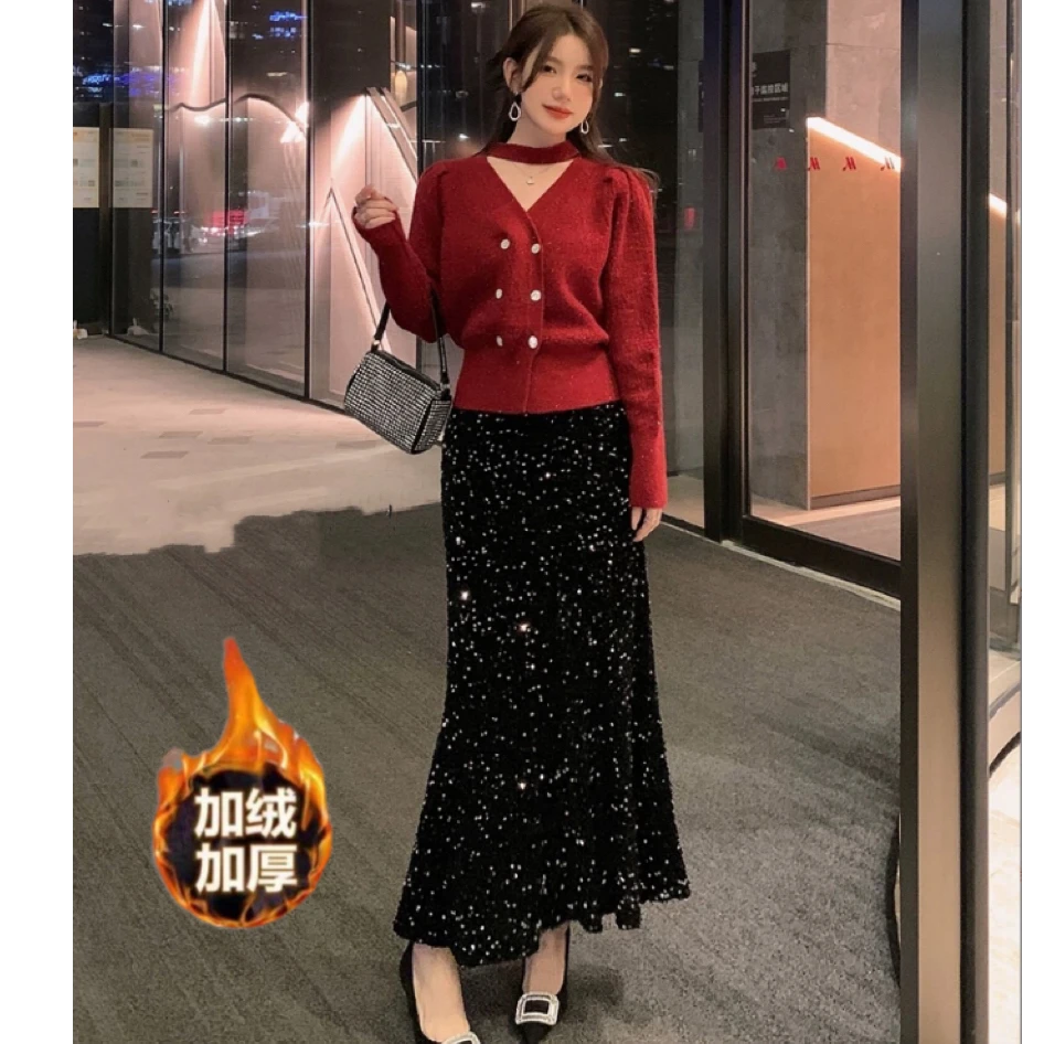 秋冬丝绒亮片黑色高级感百搭减龄高腰显瘦鱼尾裙设计感新款半身裙