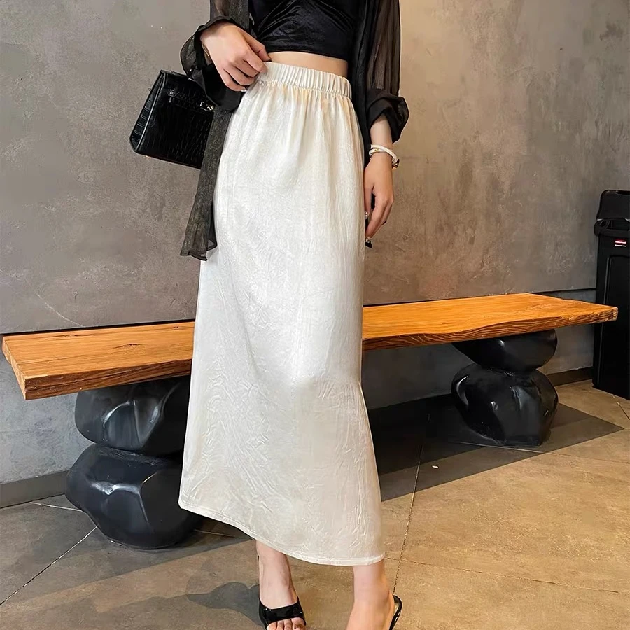 黑色缎面醋酸半裙女秋季2025新款松紧腰新中式国风高级感显瘦长裙