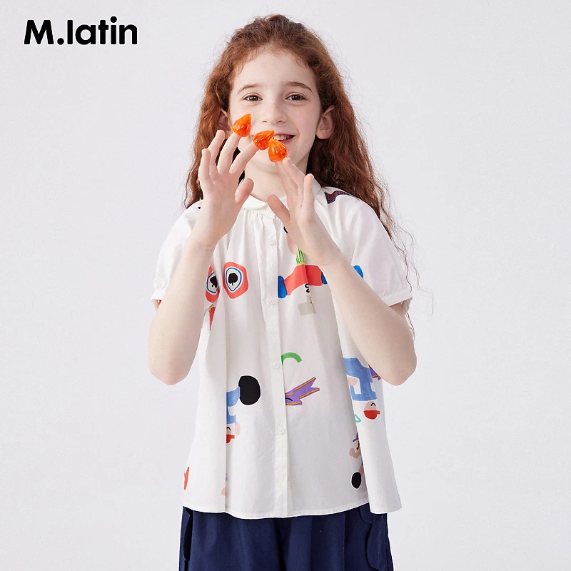 Z1马拉丁童装女大童满印艺术感衬衫夏装新款娃娃领抽褶衬衣