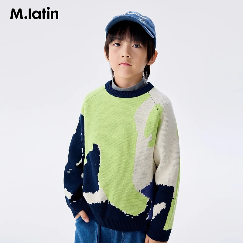 童装儿童男女大童毛衣冬装提花针织复古撞色圆领毛衣