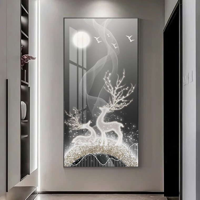 新款-星空麋鹿走廊过道玄关画轻奢手工高级镶钻晶瓷装饰画艺术