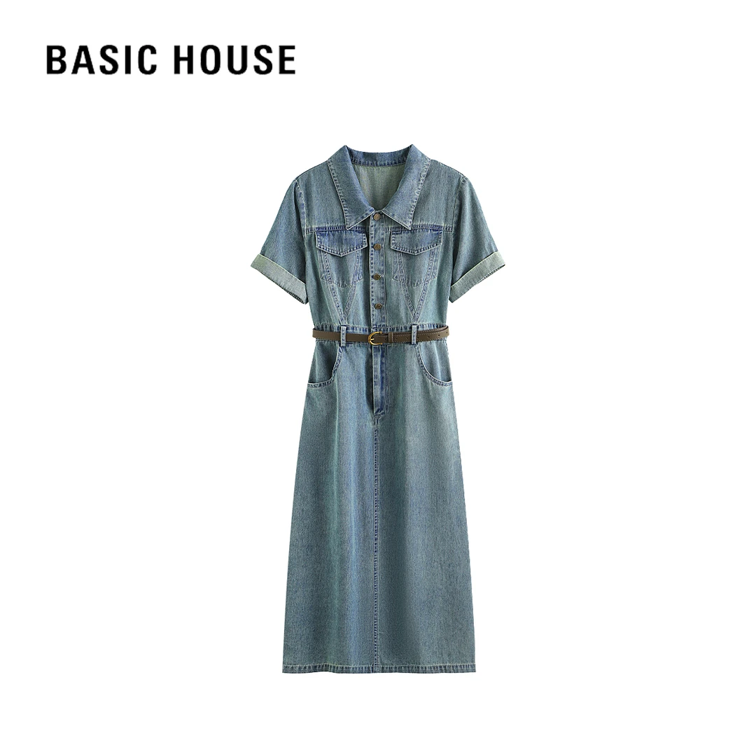 Basic House/百家好夏季显瘦气质轻奢时尚休闲百搭复古牛仔连衣裙