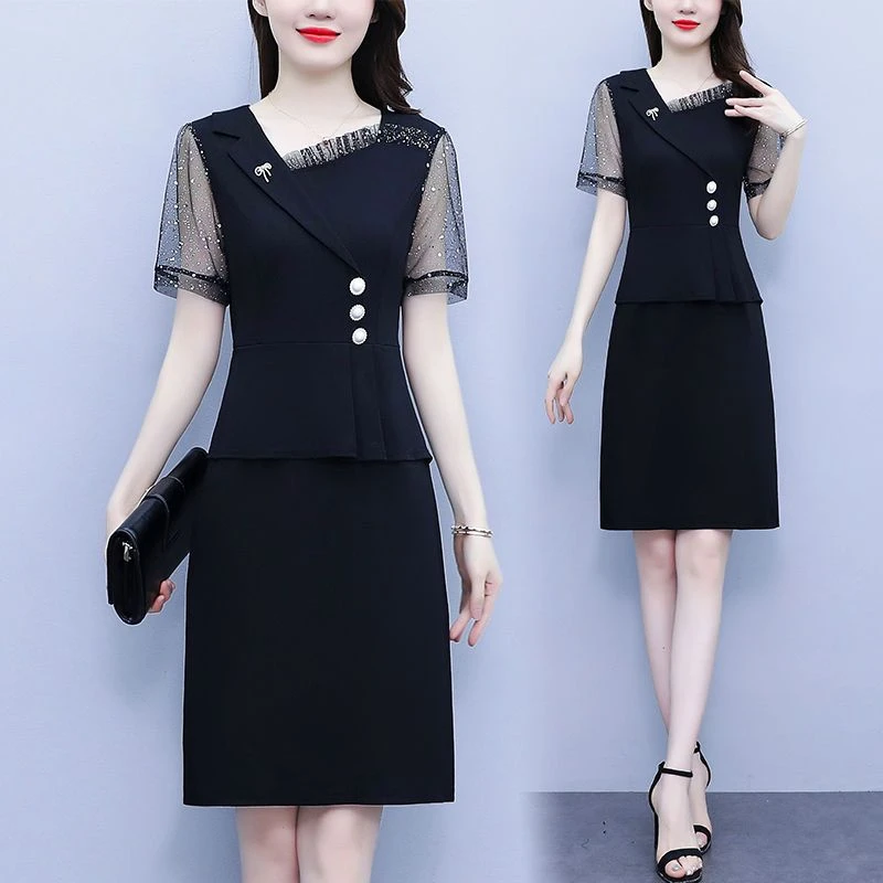 2024年黑色简约洋气裙子2024夏新款大码女装妈妈时尚减龄短袖显瘦