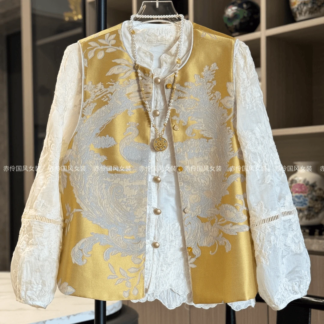 新中式中国风气质时尚提花宽松马甲复古拼接重磅绣花重工刺绣马夹