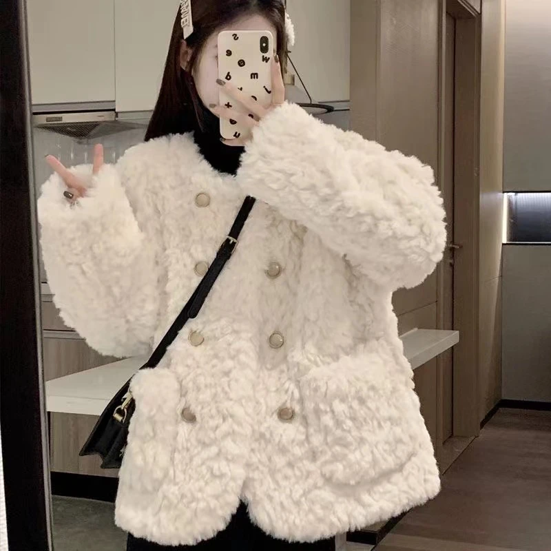 2023新款加绒棉衣女秋冬宽松羊羔绒大衣加厚仿兔毛毛加绒短外套