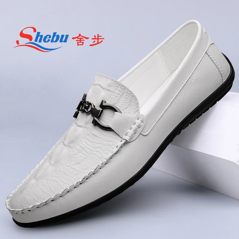 SHEBU/舍步夏季男士皮鞋透气舒适软底潮流豆豆鞋男一脚蹬时尚男鞋