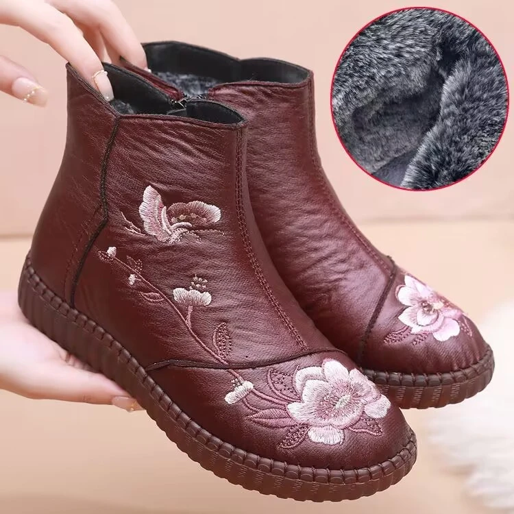 冬季加绒加厚保暖中老年妈妈鞋老北京布鞋女棉鞋平底防滑奶奶棉靴