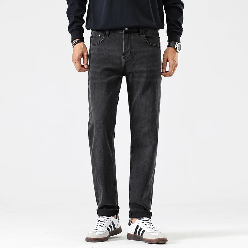 高品质男士牛仔裤修身小直筒黑色中年男装新款潮流新款秋冬厚款