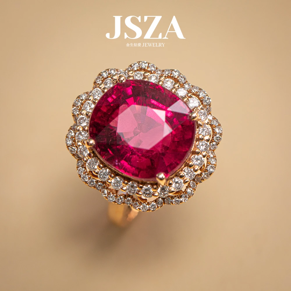 18K金纯天然红色碧玺戒指 9.6ct大台面豪华镶嵌高端款