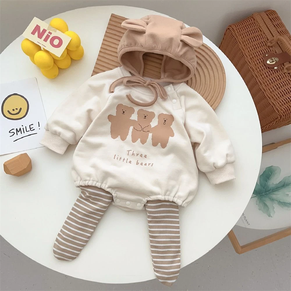 韩版婴儿衣服2024春秋新款洋气卡通三角哈衣男女宝两件套哈衣爬服