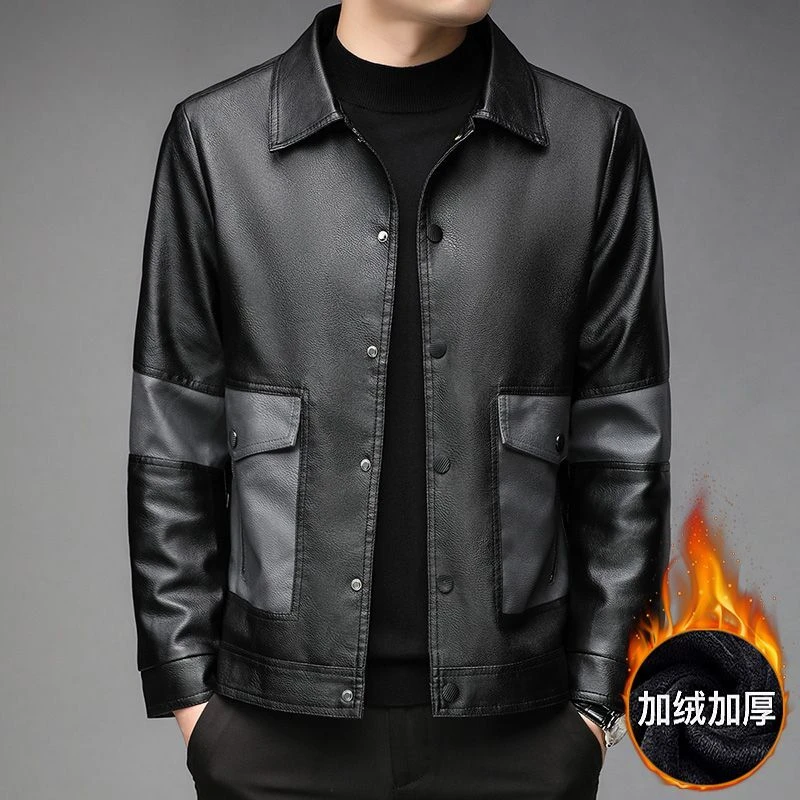 皮衣夹克男秋冬新款翻领高档休闲韩版薄款皮衣中青年加绒保暖外套