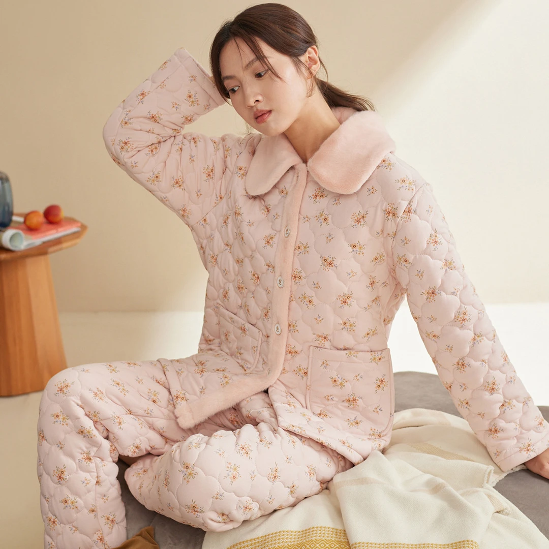 【三层夹棉加厚】睡衣女秋冬款可外穿家居服保暖时尚印花保暖套装