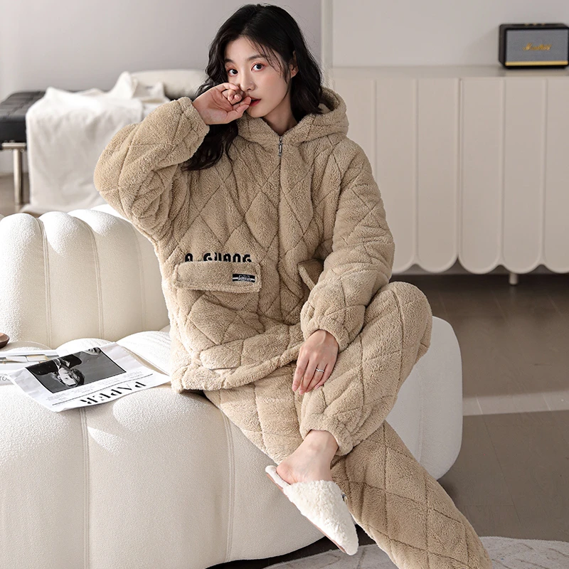 秋鹿家居服长毛绒拉链带帽夹棉女套冬天保暖加厚加绒