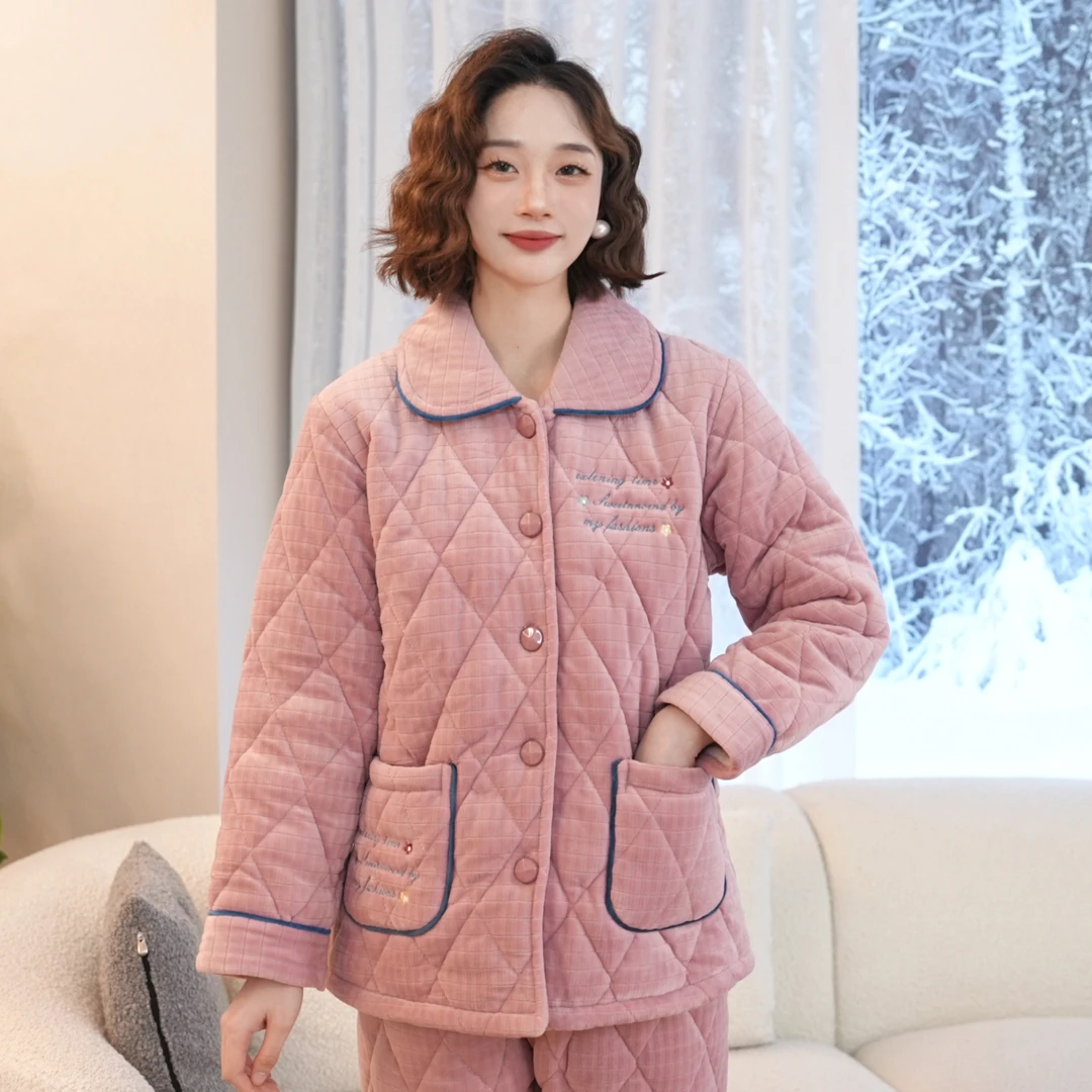 秋鹿家居服阳离子翻领夹棉女套保暖冬天宽松加绒大码长袖女士冬款