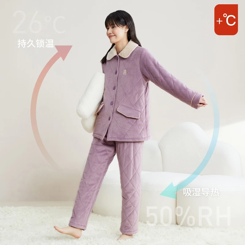 秋鹿珊瑚绒三层加厚夹棉睡衣女款冬季2023新款棉衣家居服女秋冬款